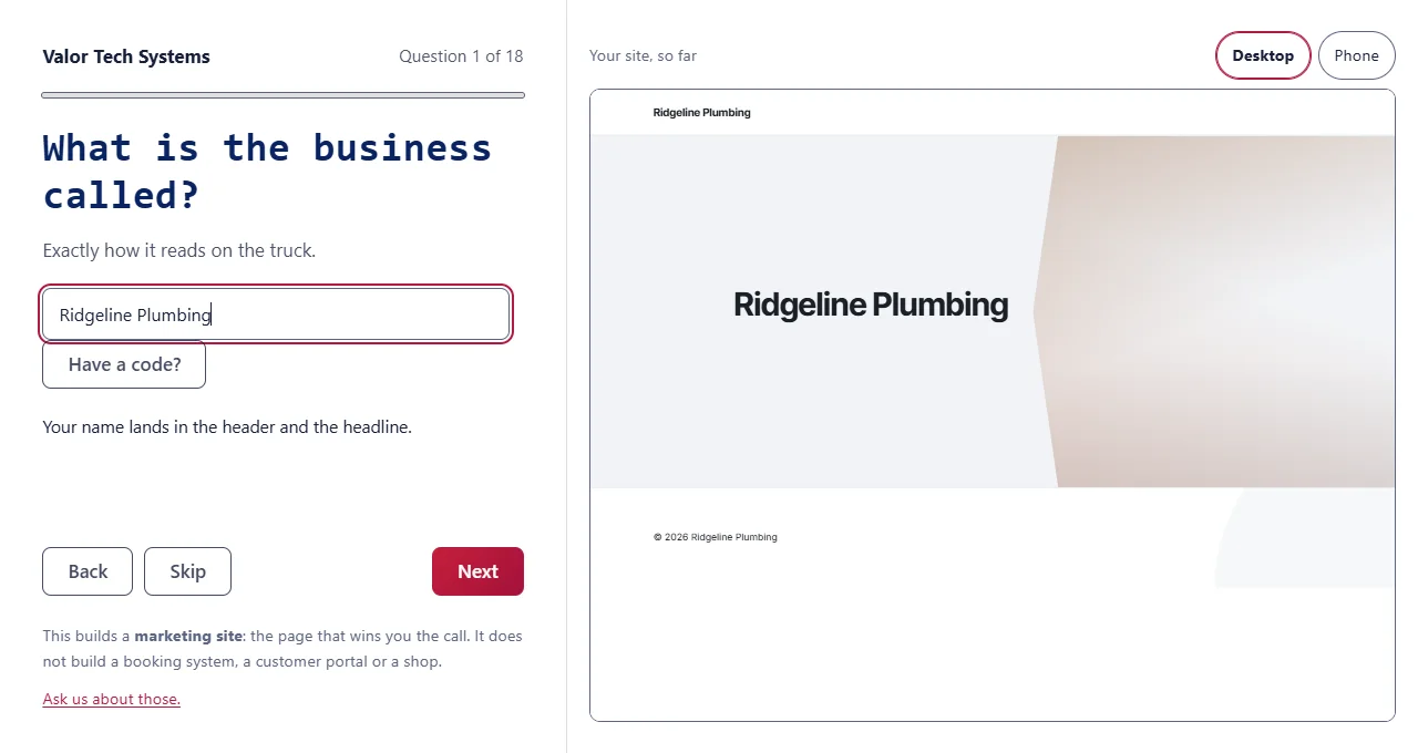 The Site Forge wizard at valortechsystems.com/build. A question on the left, question 1 of 18, and on the right a live preview of a plumbing company's website being built as the answers come in.